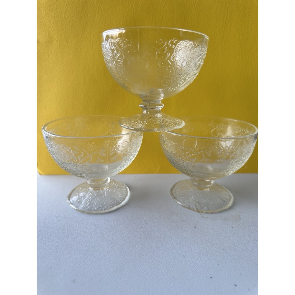 Hazel Atlas Florentine Clear Crystal Sherbet Or Dessert 1930s Set Of‎ Three